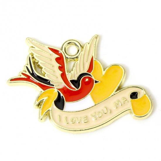 Picture of 10 PCs Zinc Based Alloy Mother's Day Charms Gold Plated Multicolor Swallow Bird Heart Message " I Love You Ma " Enamel 26mm x 20mm