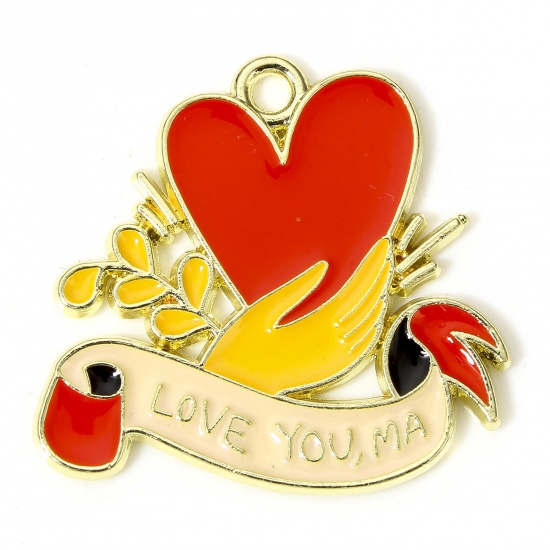 Picture of 10 PCs Zinc Based Alloy Mother's Day Charms Gold Plated Multicolor Hand Heart Message " Love You Ma " Enamel 25mm x 24mm