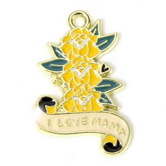 Picture of 10 PCs Zinc Based Alloy Mother's Day Charms Gold Plated Multicolor Flower Leaves Message " I Love Mama " Enamel 27mm x 18mm