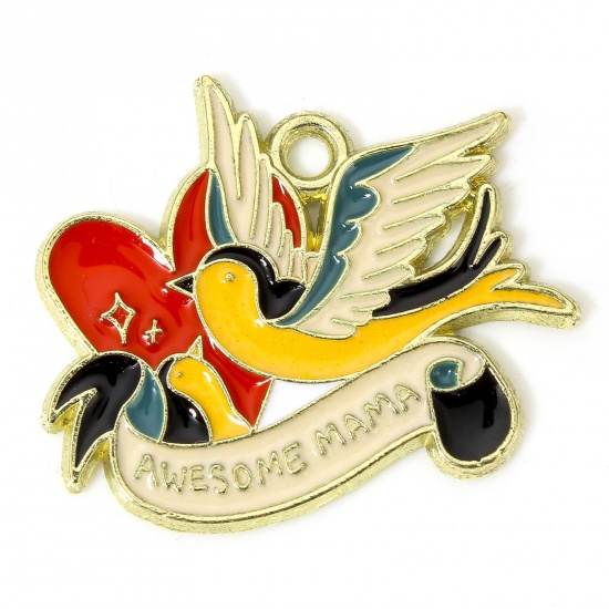 Picture of 10 PCs Zinc Based Alloy Mother's Day Charms Gold Plated Multicolor Swallow Bird Heart Message " Awesome Mama " Enamel 25mm x 22mm