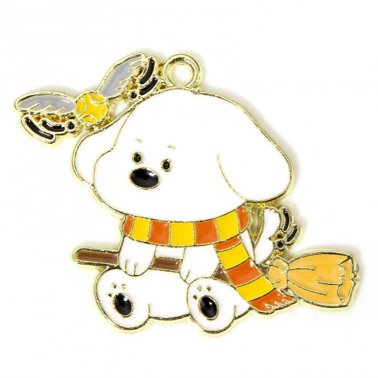 Picture of 10 PCs Zinc Based Alloy Charms Gold Plated Multicolor Dog Animal Broom Enamel 3.4cm x 2.7cm
