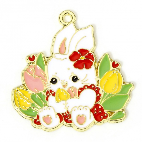 Picture of 10 PCs Easter Day Pendants Gold Plated Multicolor Rabbit Animal Flower Enamel 3cm x 2.9cm