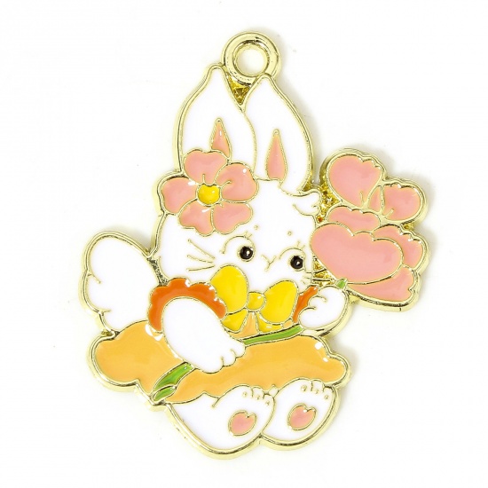 Picture of 10 PCs Easter Day Pendants Gold Plated Multicolor Rabbit Animal Flower Enamel 3cm x 2.4cm