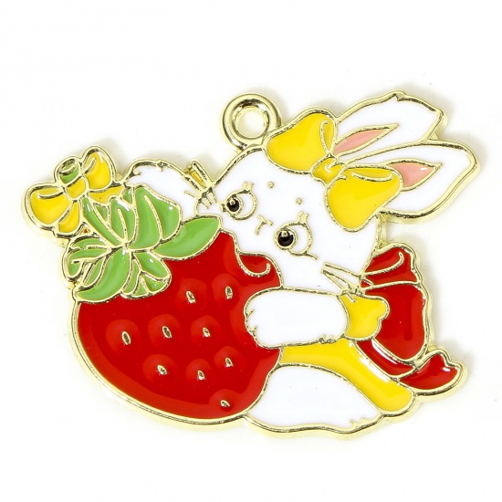 Picture of 10 PCs Easter Day Pendants Gold Plated Multicolor Rabbit Animal Strawberry Fruit Enamel 3.1cm x 2.4cm