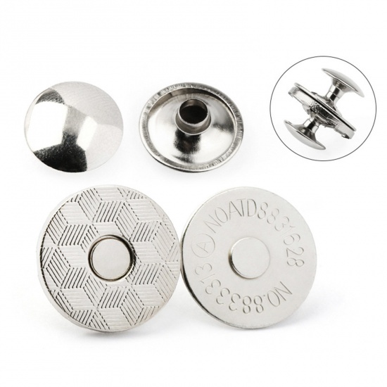 Picture of 10 Sets Alloy Magnetic Button Snap Fasteners Clasps For Closures Bag Handbag Purse DIY Craft Accessories Round Silver Color 14mm