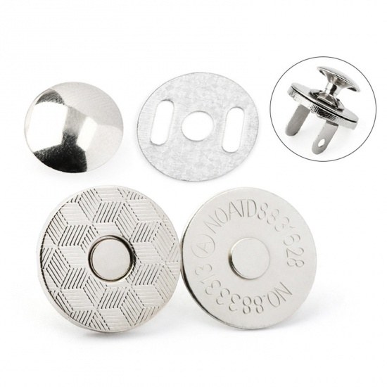 Immagine di 10 Sets Alloy Single Cap Bead Tips (Knot Cover) Bags Magnetic Snap Button Fasteners Clasps Buttons Handbag Purse Wallet Craft Bags Parts Mini Adsorption Buckle Round Silver Color 14mm