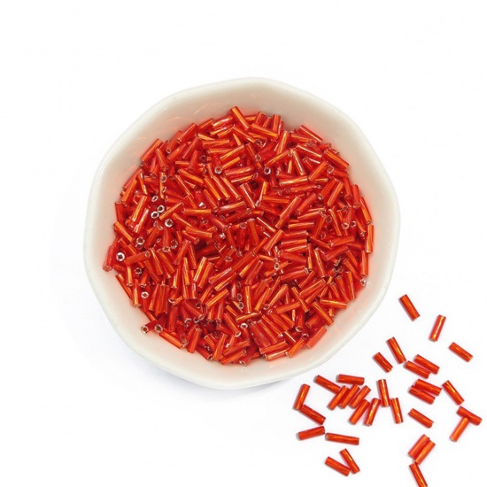 Immagine di 20 Grammi (Circa 30Pz/Grammo) Vetro Seme Perline Twisted Bugle Rosso Arancione Circa 6mm x 2mm, Foro: Circa 0.8mm