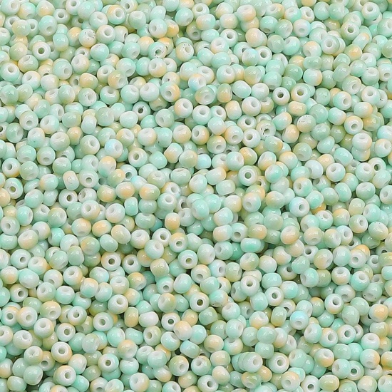 Picture of 10 Grams (Approx 34 PCs/Gram) Glass Seed Beads Round Pale Yellow & Green Gradient Color About 3mm Dia., Hole: Approx 0.5mm