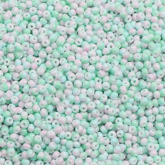 Picture of 10 Grams (Approx 34 PCs/Gram) Glass Seed Beads Round Rocailles Pink & Green Gradient Color About 3mm Dia., Hole: Approx 0.5mm