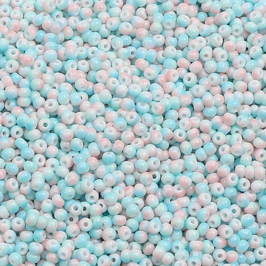 Picture of 10 Grams (Approx 34 PCs/Gram) Glass Seed Beads Round Rocailles Blue & Pink Gradient Color About 3mm Dia., Hole: Approx 0.5mm