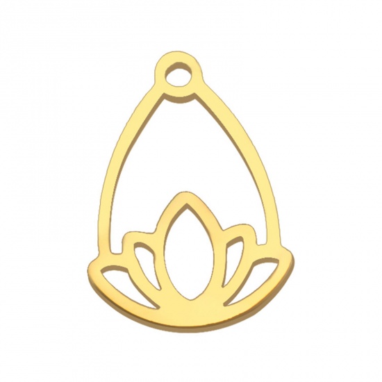 Picture of 5 PCs 304 Stainless Steel Mini Charms Gold Plated Drop Lotus Flower Hollow 13mm x 10mm