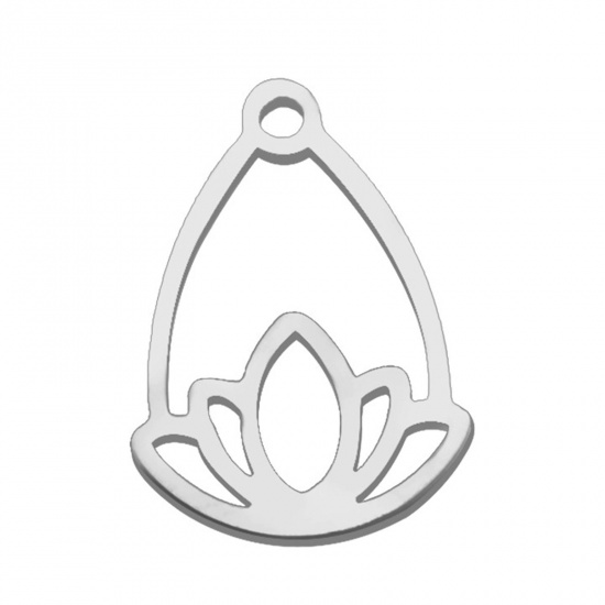 Picture of 5 PCs 304 Stainless Steel Mini Charms Silver Tone Drop Lotus Flower Hollow 13mm x 10mm