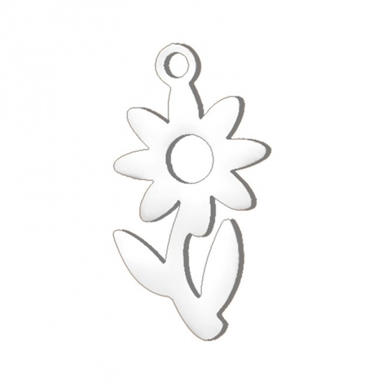 Picture of 5 PCs 304 Stainless Steel Mini Charms Silver Tone Flower Leaves Hollow 13.5mm x 7mm