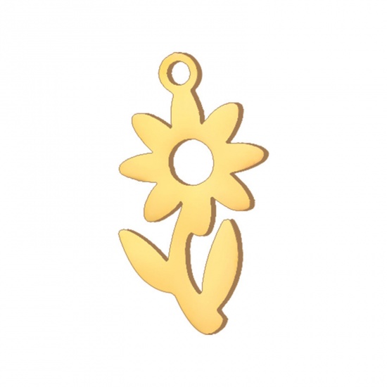 Picture of 5 PCs 304 Stainless Steel Mini Charms Gold Plated Flower Leaves Hollow 13.5mm x 7mm