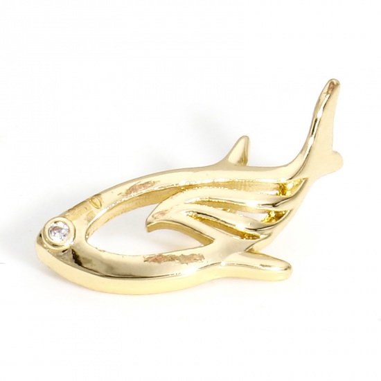 Picture of 1 Piece Brass Ocean Jewelry Charms 14K Real Gold Plated Fish Animal Hollow Clear Cubic Zirconia 15mm x 9mm