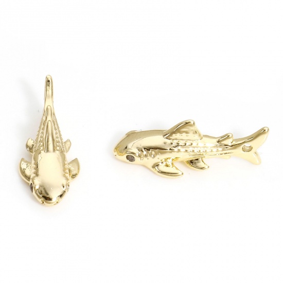 Picture of 1 Piece Brass Ocean Jewelry Charms 14K Real Gold Plated Shark Animal 3D Clear Cubic Zirconia 15.5mm x 6mm