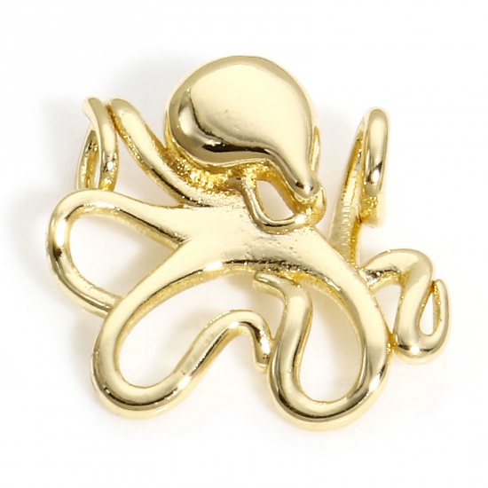 Picture of 1 Piece Brass Ocean Jewelry Charms 14K Real Gold Plated Octopus 15mm x 14mm