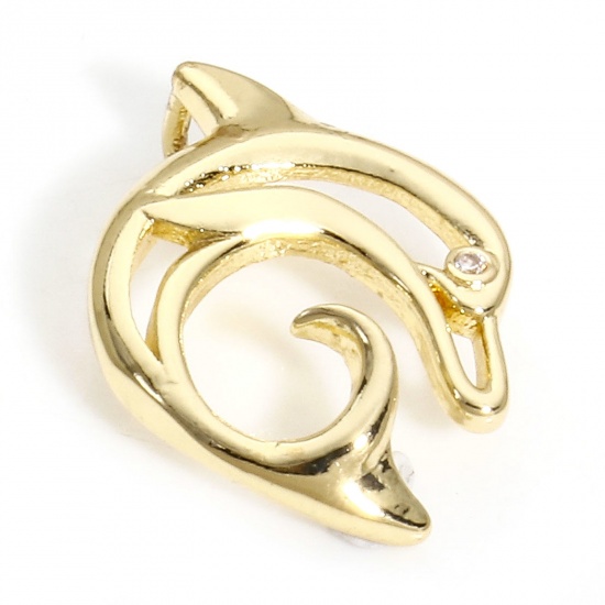 Picture of 1 Piece Brass Ocean Jewelry Charms 14K Real Gold Plated Dolphin Animal Hollow Clear Cubic Zirconia 17mm x 13mm