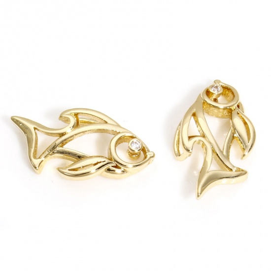 Picture of 1 Piece Brass Ocean Jewelry Charms 14K Real Gold Plated Fish Animal Hollow Clear Cubic Zirconia 16.5mm x 8mm