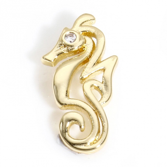 Picture of 1 Piece Brass Ocean Jewelry Charms 14K Real Gold Plated Seahorse Animal Hollow Clear Cubic Zirconia 15mm x 8mm