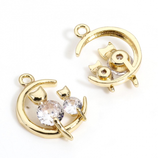 Picture of 1 Piece Brass Galaxy Charms 14K Real Gold Plated Half Moon Cat Clear Cubic Zirconia 17mm x 12mm
