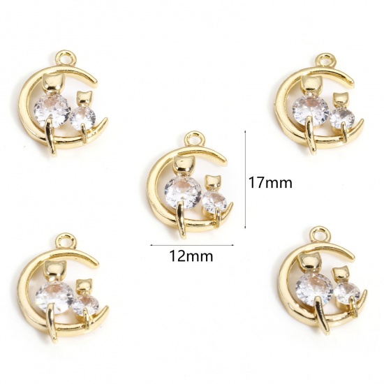 Picture of 1 Piece Brass Galaxy Charms 14K Real Gold Plated Half Moon Cat Clear Cubic Zirconia 17mm x 12mm