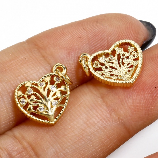 Picture of 1 Piece Brass Valentine's Day Charms 14K Real Gold Plated Heart Tree of Life Hollow Clear Cubic Zirconia 14mm x 12mm