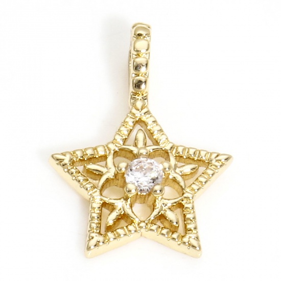 Picture of 1 Piece Brass Galaxy Charms 14K Real Gold Plated Pentagram Star Hollow Clear Cubic Zirconia 14mm x 10mm