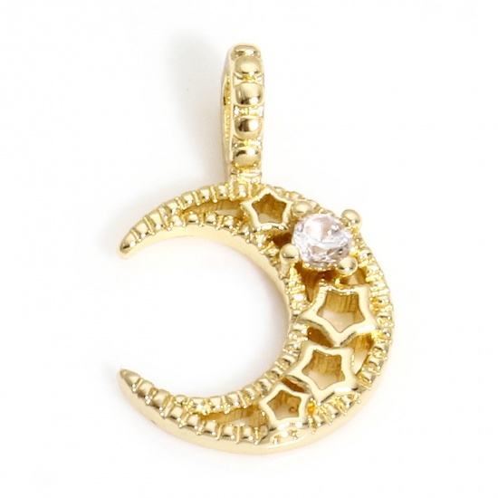 Picture of 1 Piece Brass Galaxy Charms 14K Real Gold Plated Half Moon Star Hollow Clear Cubic Zirconia 15mm x 9mm