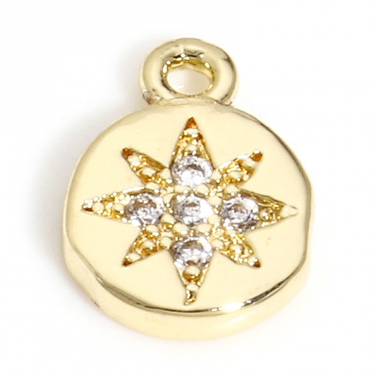 Picture of 1 Piece Brass Galaxy Charms 14K Real Gold Plated Round Star Micro Pave Clear Cubic Zirconia 10mm x 7mm