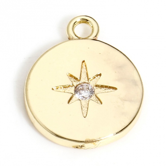 Picture of 1 Piece Brass Galaxy Charms 14K Real Gold Plated Round Star Micro Pave Clear Cubic Zirconia 15mm x 12mm
