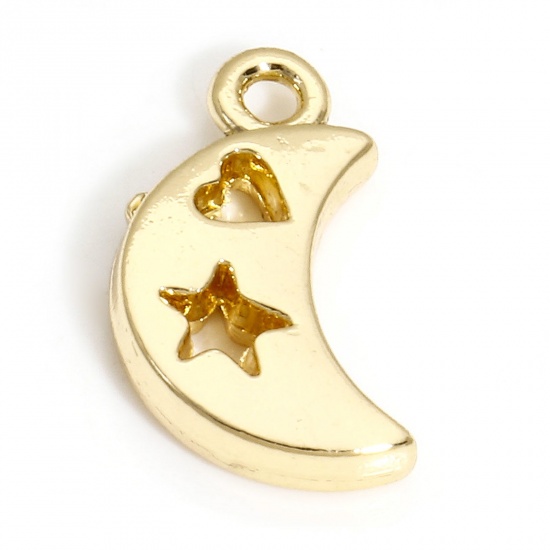 Picture of 5 PCs Brass Galaxy Charms 14K Real Gold Plated Half Moon Star Hollow 17mm x 9.5mm