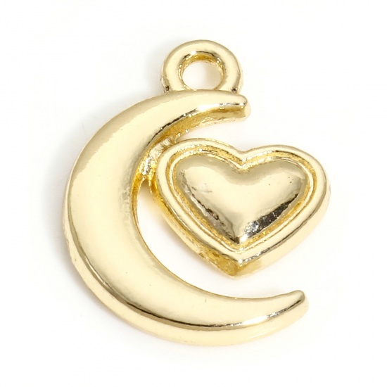 Immagine di 5 Pz Ottone Galassia Charms Luna 14k Vero Oro Placcato Cuore 18mm x 13.5mm