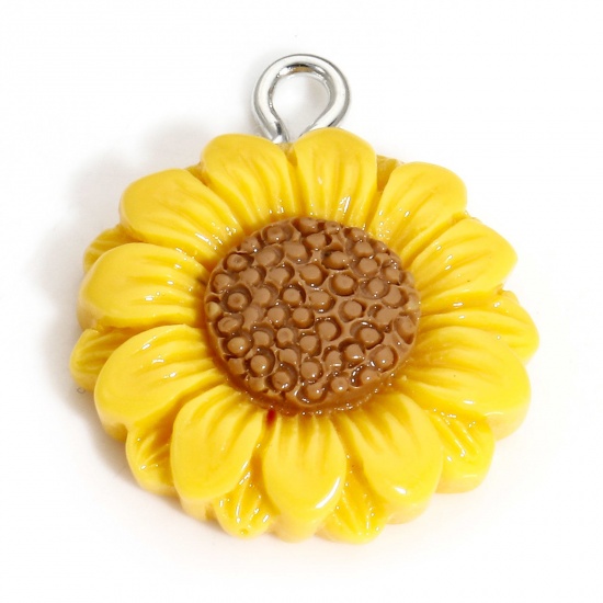 Picture of 10 PCs Resin Charms Sunflower Silver Tone Yellow 23mm x 19mm