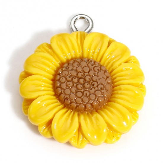 Picture of 10 PCs Resin Charms Sunflower Silver Tone Yellow 27mm x 23mm