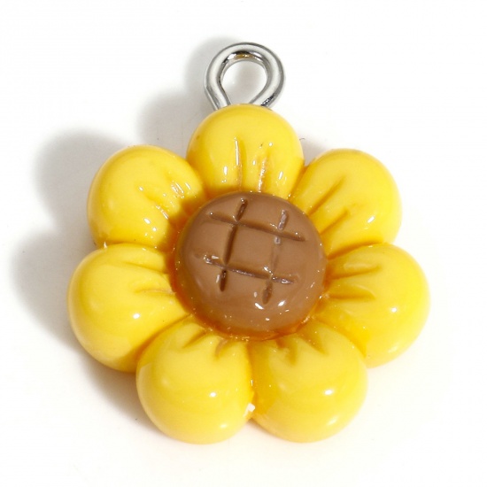Picture of 10 PCs Resin Charms Sunflower Silver Tone Yellow 22mm x 18mm