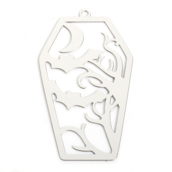 Picture of 5 PCs 304 Stainless Steel Charms Silver Tone Hexagon Halloween Bat Filigree Stamping 47mm x 30mm