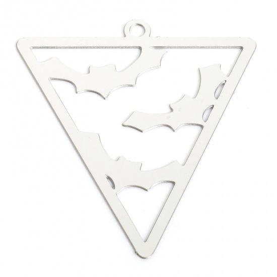 Picture of 5 PCs 304 Stainless Steel Charms Silver Tone Triangle Halloween Bat Filigree Stamping 38mm x 34mm