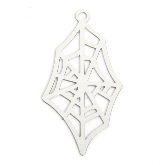 Picture of 5 PCs 304 Stainless Steel Charms Silver Tone Halloween Cobweb Filigree Stamping 39mm x 19mm