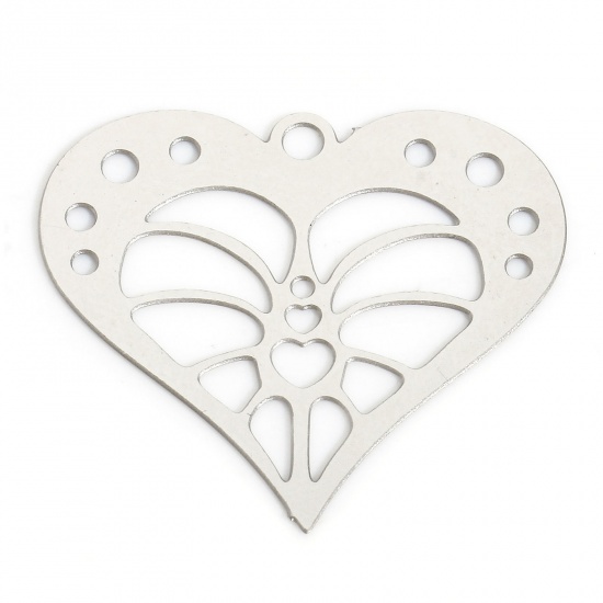 Picture of 5 PCs 304 Stainless Steel Charms Silver Tone Heart Monstera Leaf Filigree Stamping 23mm x 25.5mm