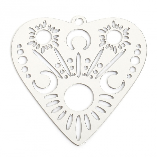 Picture of 5 PCs 304 Stainless Steel Charms Silver Tone Heart Sun Filigree Stamping 30mm x 28.5mm
