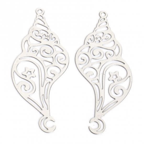 Picture of 5 PCs 304 Stainless Steel Charms Silver Tone Conch/ Sea Snail Filigree Stamping 45mm x 19mm