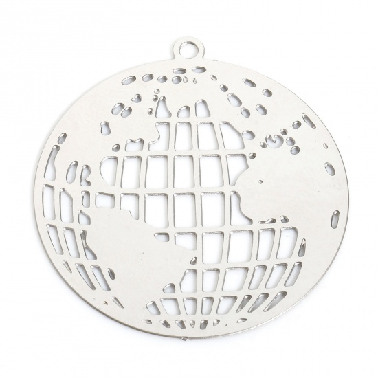 Picture of 5 PCs 304 Stainless Steel Charms Silver Tone Round World Map Filigree Stamping 33mm x 30mm