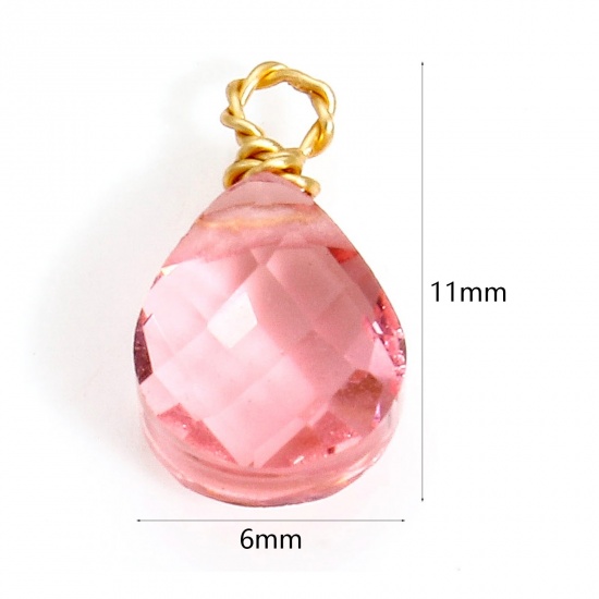 Picture of 2 PCs 304 Stainless Steel & Glass Charms Gold Plated Pink Drop Faceted 11mm x 6mm