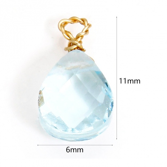 Picture of 2 PCs 304 Stainless Steel & Glass Charms Gold Plated Blue Drop Faceted 11mm x 6mm