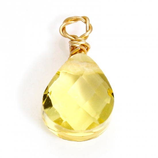 Picture of 2 PCs 304 Stainless Steel & Glass Charms Gold Plated Yellow Drop Faceted 11mm x 6mm