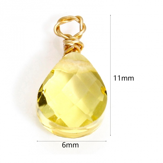 Picture of 2 PCs 304 Stainless Steel & Glass Charms Gold Plated Yellow Drop Faceted 11mm x 6mm