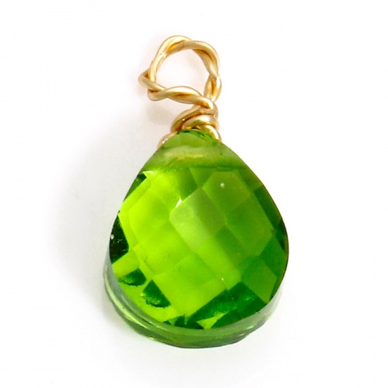 Picture of 2 PCs 304 Stainless Steel & Glass Charms Gold Plated Green Drop Faceted 11mm x 6mm