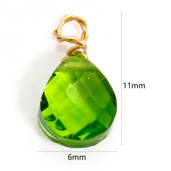 Picture of 2 PCs 304 Stainless Steel & Glass Charms Gold Plated Green Drop Faceted 11mm x 6mm