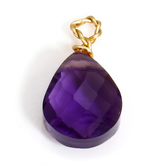 Picture of 2 PCs 304 Stainless Steel & Glass Charms Gold Plated Purple Drop Faceted 11mm x 6mm